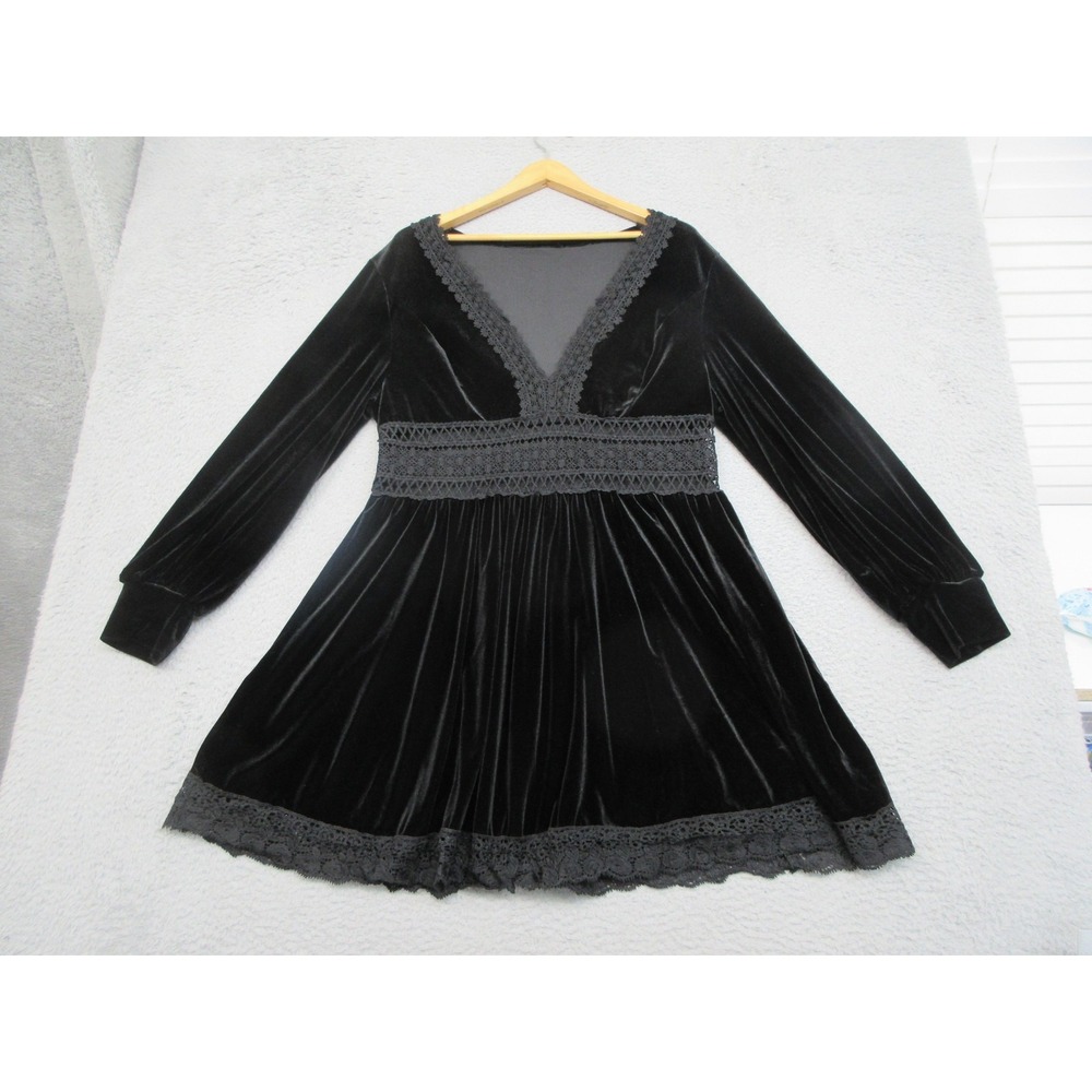 Velvet Lace Mini Dress Women 1XL Black Puff Sleeve Empire Waist Whimsygoth Witcy